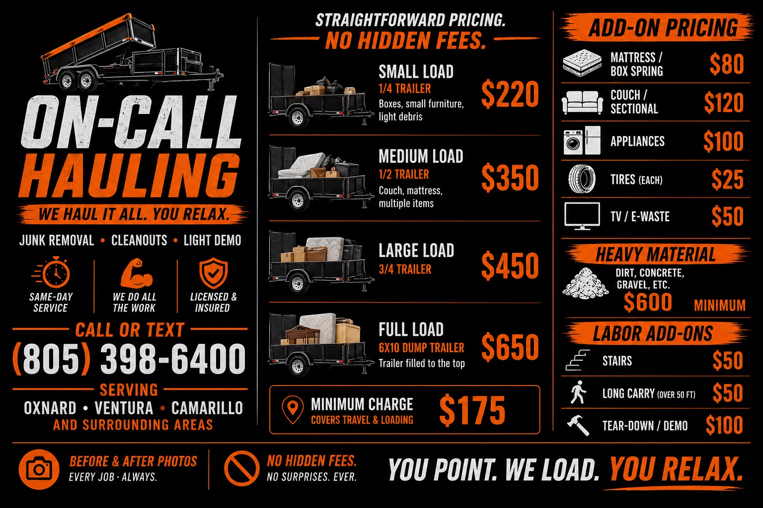 On-Call Hauling's Ventura County Price Sheet