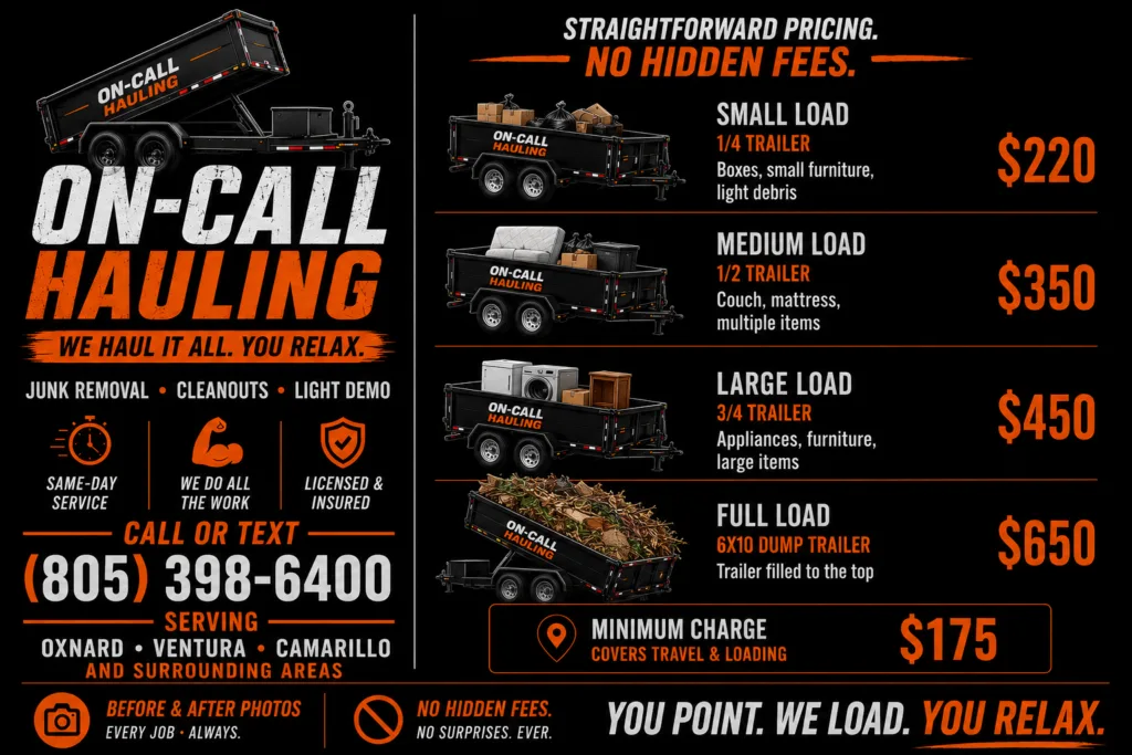 On-Call Hauling's Junk Removal Cost Ventura County Price Sheet