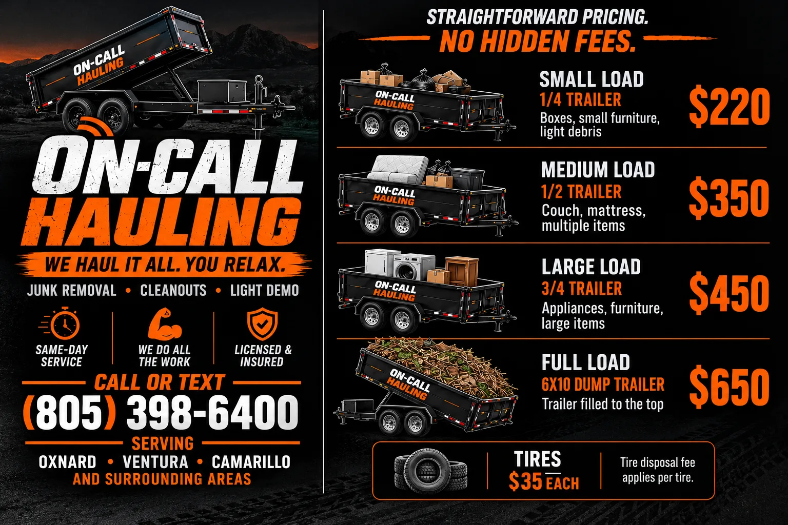 On-Call Hauling junk removal pricing graphic showing trailer load prices from $220 to $650 and tire disposal at $35 each in Ventura County, CA.